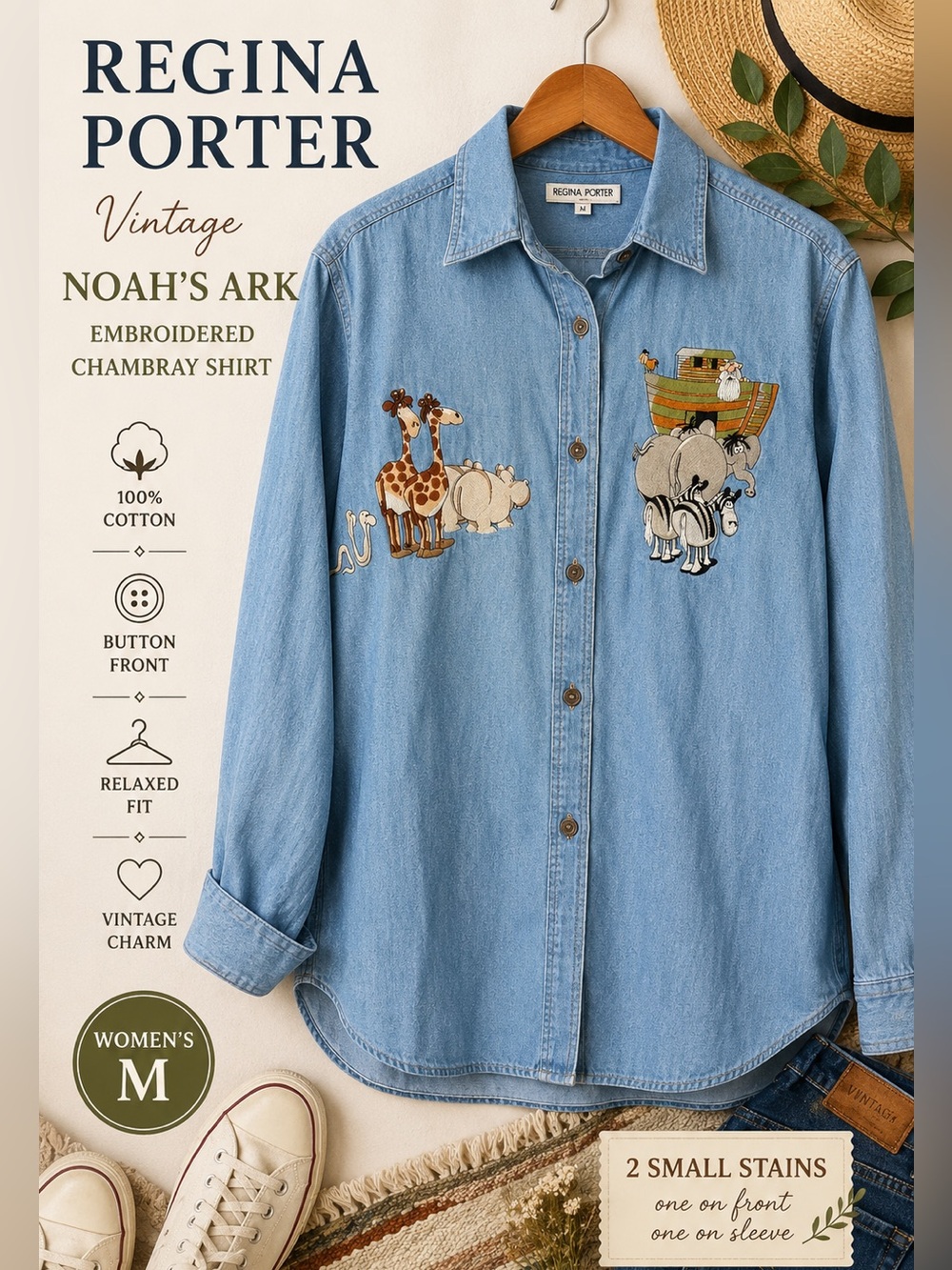 Vintage Regina Porter Noah’s Ark Embroidered Chambray Button Front Shirt Medium